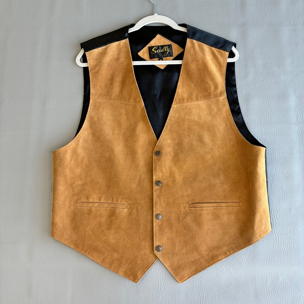 Scully Mens Western Leather Vest Tan Suede Black Back Oklahoma Buttons XL